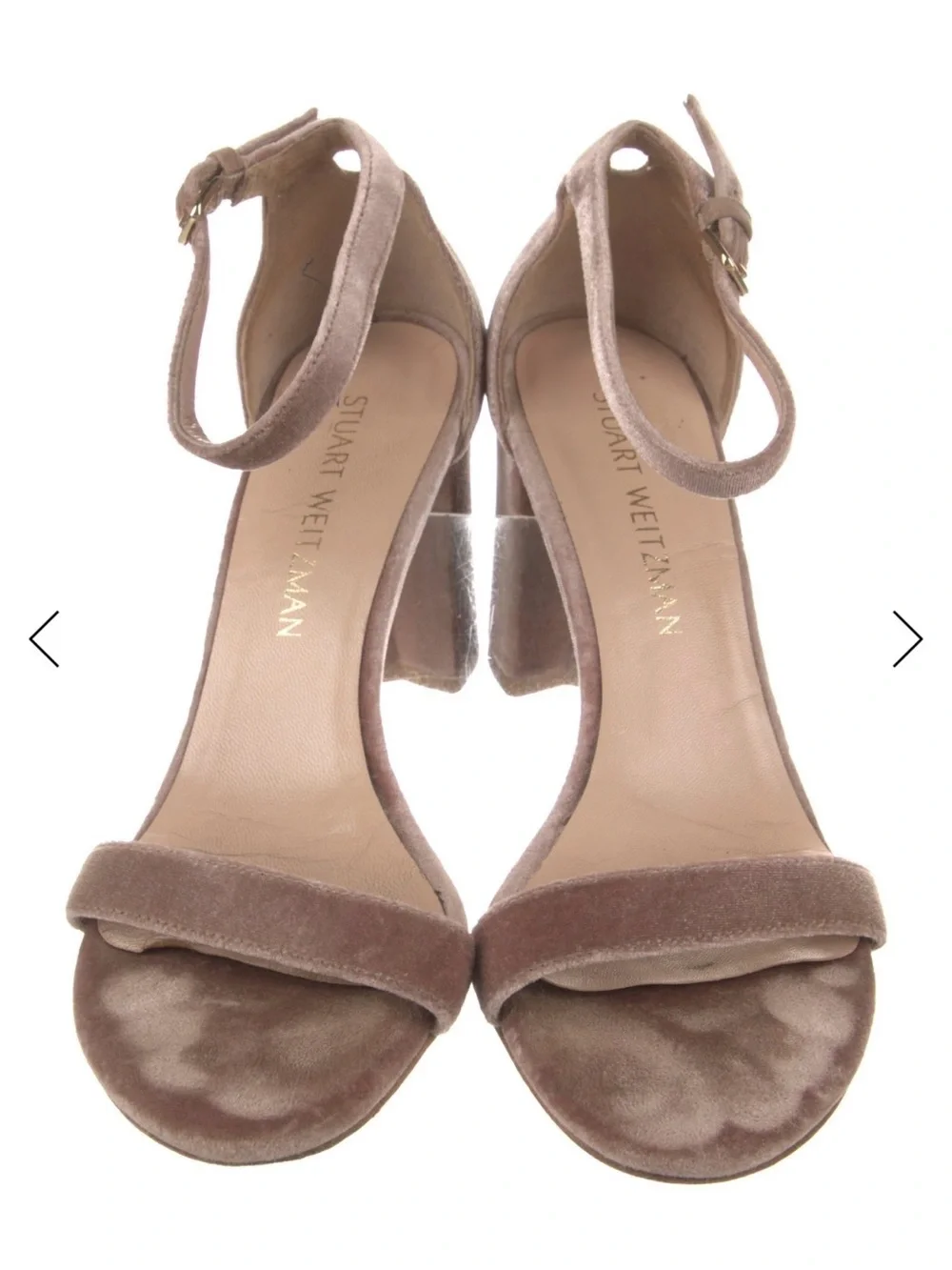 Stuart Weitzman Taupe Velvet Ankle-Strap Block Heels